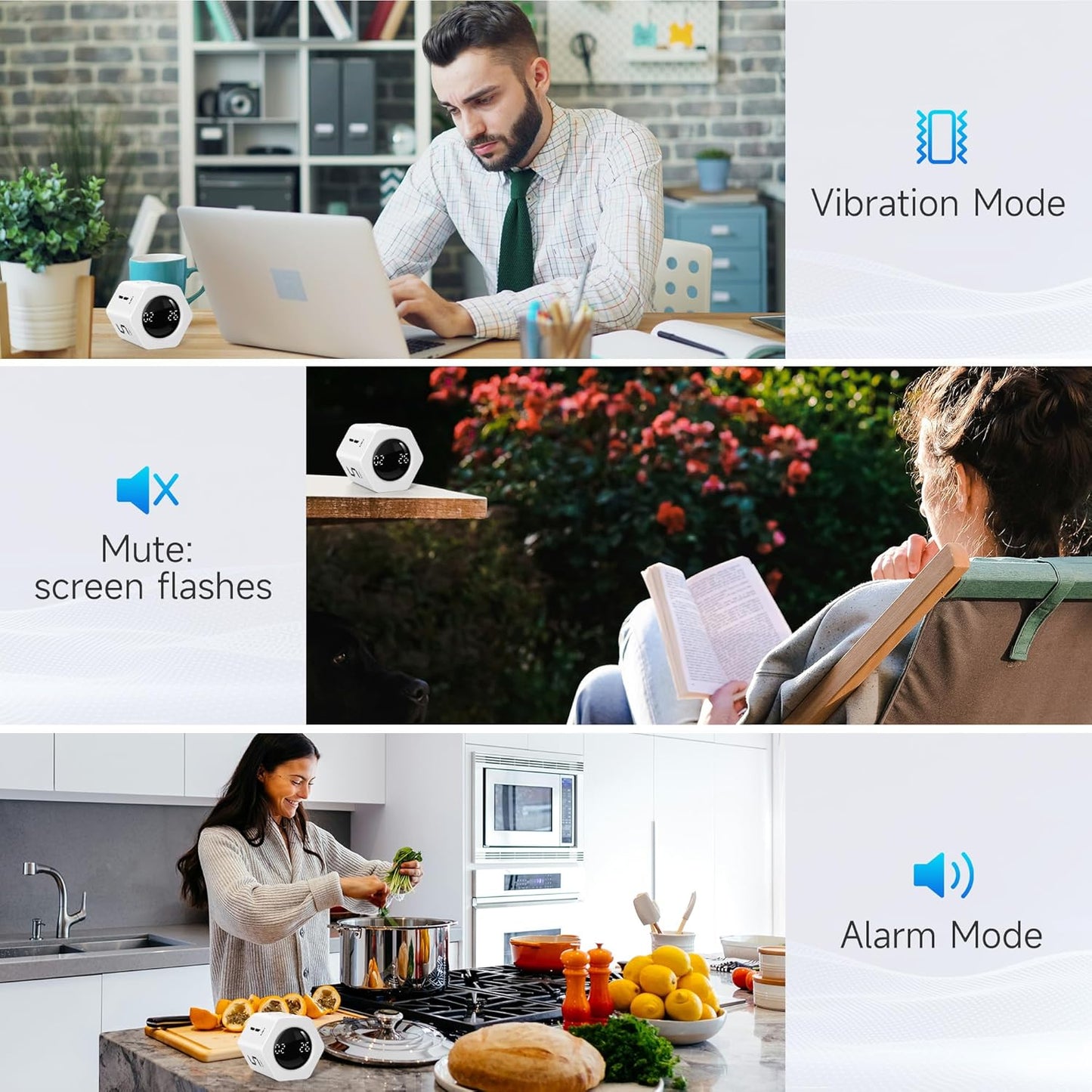 Productivity Timer 1, 5, 10, 30, 60 Minutes Preset, Desk Cube Timer with Gravity Sensor/Mute/Vibration for ADHD, Work, Study, Kitchen, Back to School (1, White)