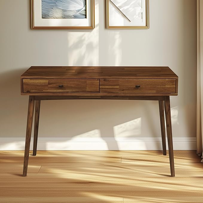 Acacia Lagom 48" Solid Wood Work Desk with Drawers, Home Office Desk Office Furniture, Work Table for Home Office, Scandinavian Style Wood Work Desk for Home Office, Walnut