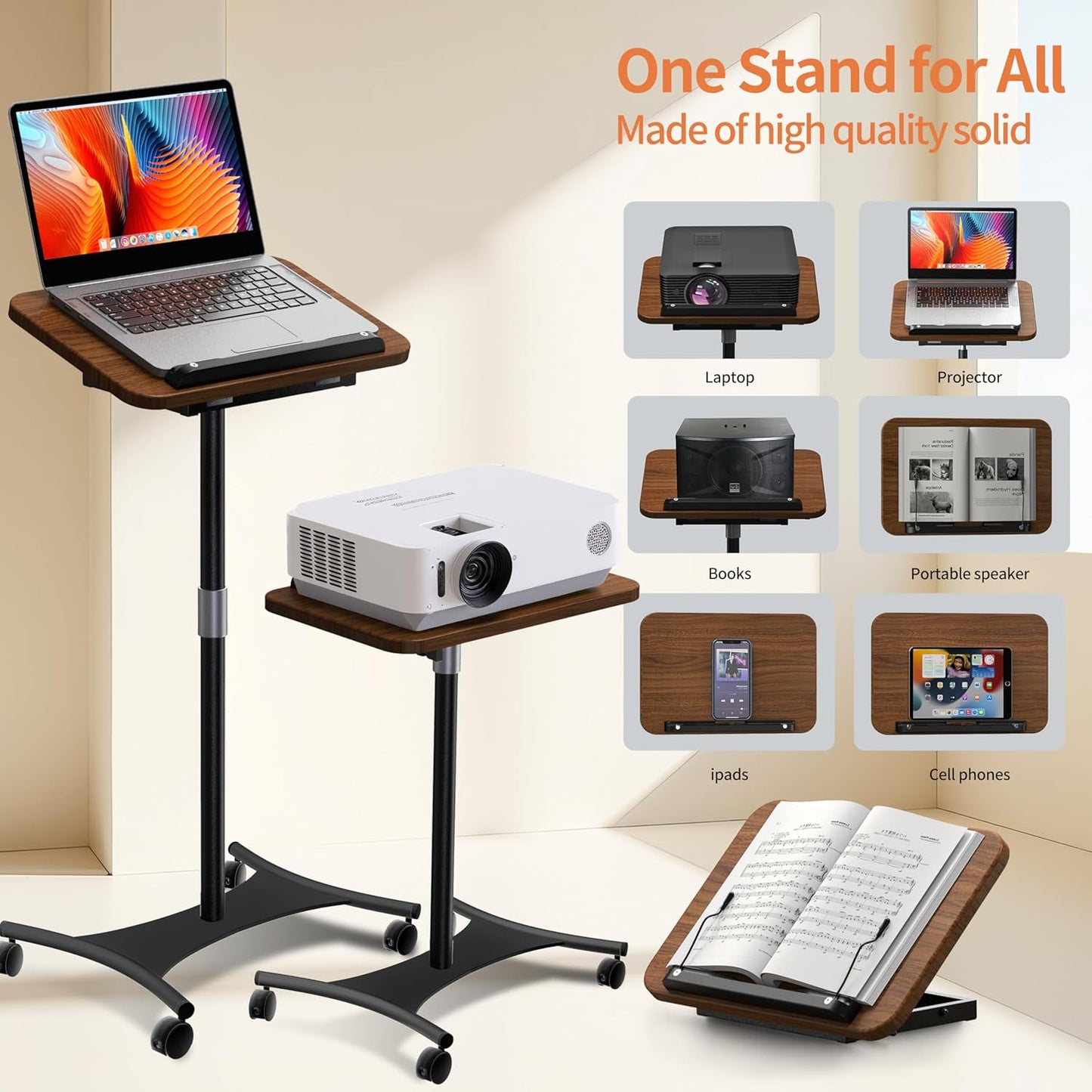 Rolling Laptop Floor Stand, Dual-Purpose for Desk & Floor, Adjustable Height from 16.5" to 51", with 4 Lockable Casters & Book Page Clips, Portable Laptop Stand Ideal for Projectors, Books, Ipads