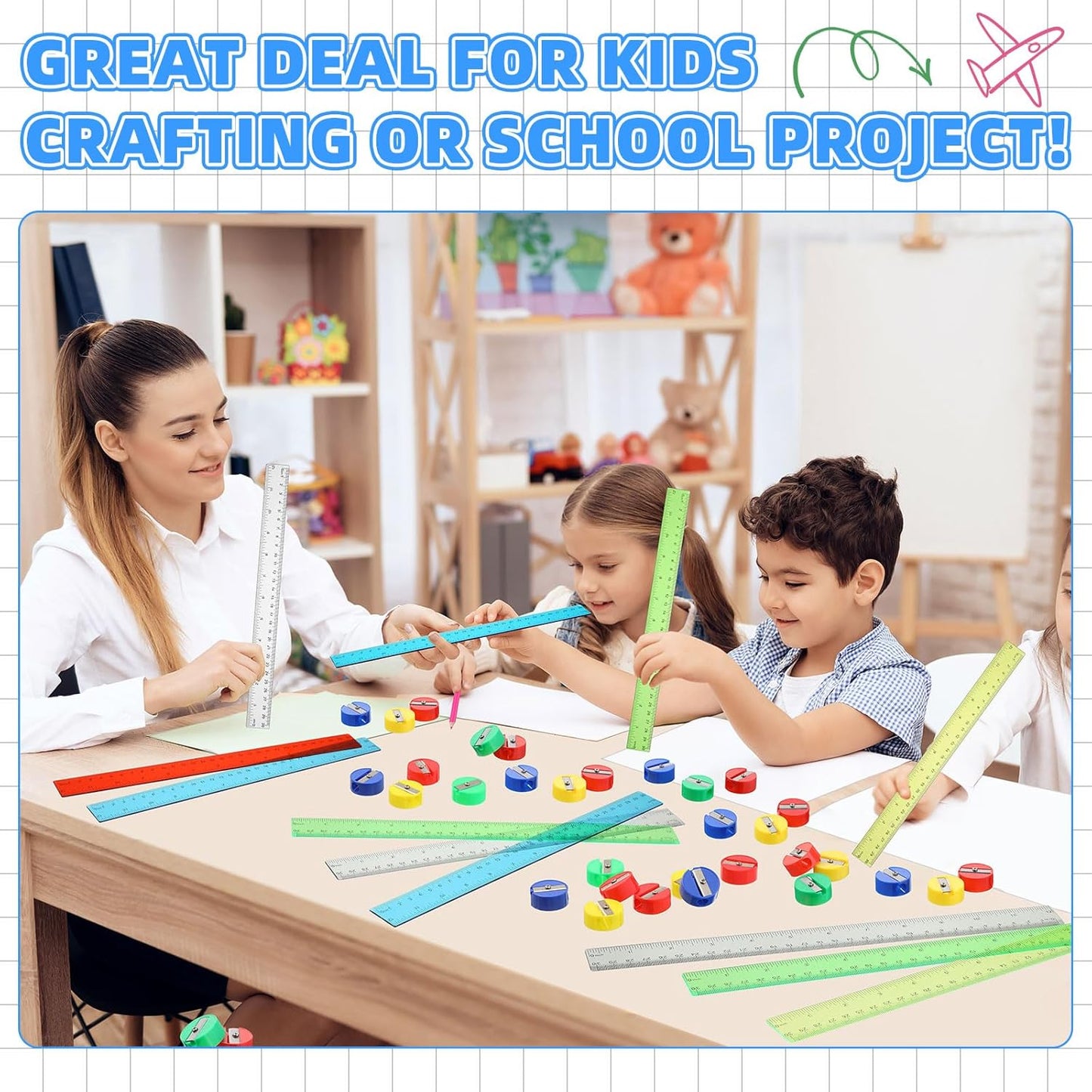 100 Pcs Plastic Rulers and 100 Pcs Mini Round Manual Pencil Sharpener Bulk, 4 Assorted Colors Pocket Sized Pencil Sharpeners Colorful Straight Ruler Back to School Supplies for Kids (Classic,12 Inch)