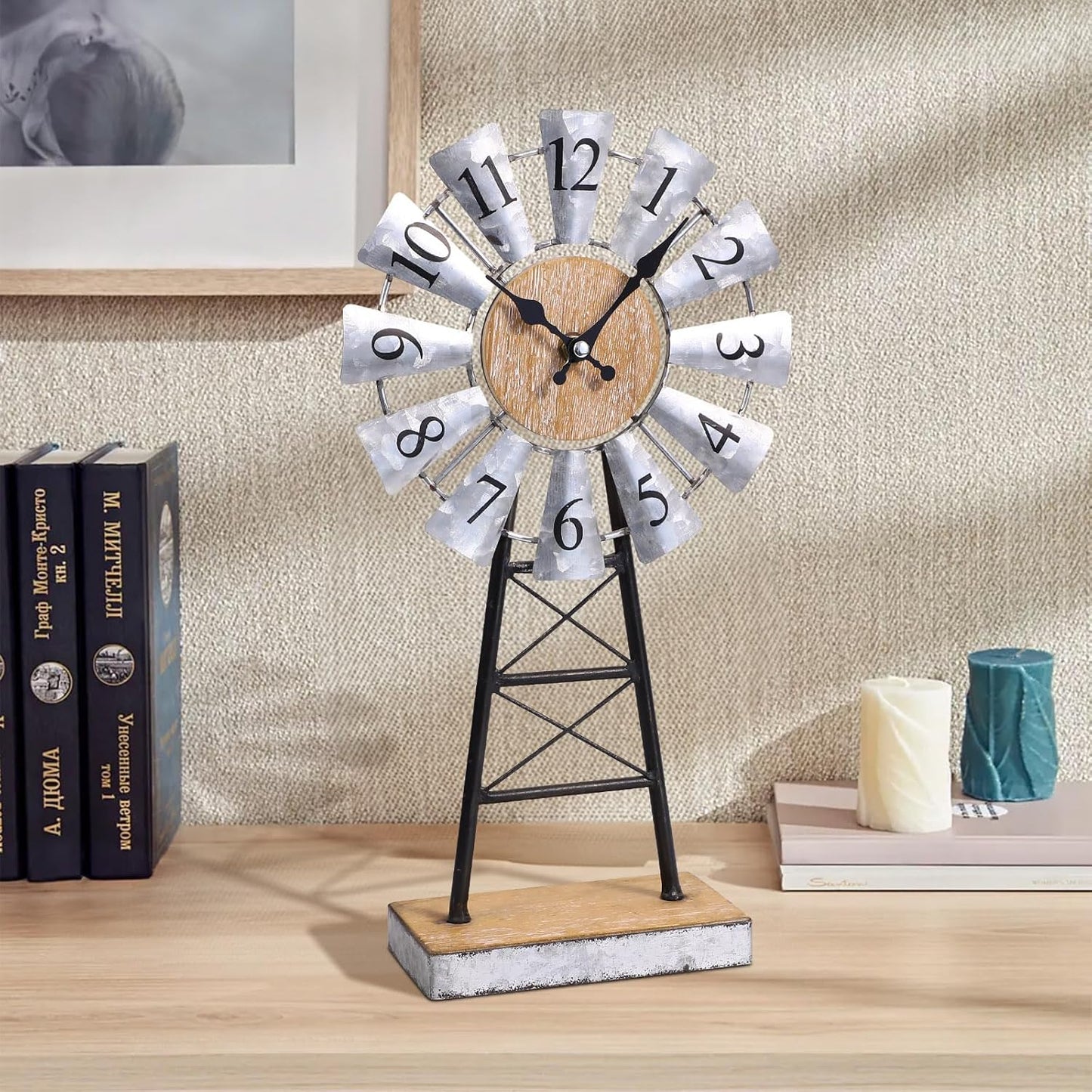 MODE HOME Farmhouse Windmill Desk Clock - 15.75 Inch Galvanized Metal Table Clock with Blades, Small Decorative Office Clock, Battery Operated Rustic Farmhouse Clock for Tabletop & Shelf Decor