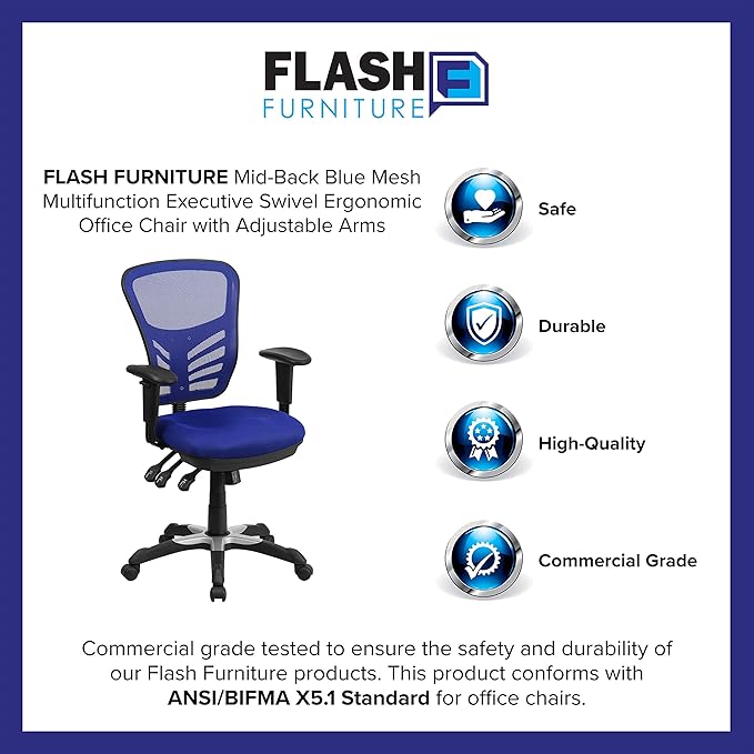 Flash Furniture Nicholas Mid-Back Swivel Office and Gaming Chair, Ergonomic Mesh Office Chair with Adjustable Lumbar Support and Height, Blue