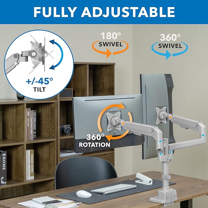 Mount-It! Dual Monitor Mount - Monitor Stands for 2 Monitors, Computer Arms on Desk Stand, Gas Spring Height Adjustable Desk Mount in Silver, VESA 75, 100 Fits Screens Up to 32", Silver Color