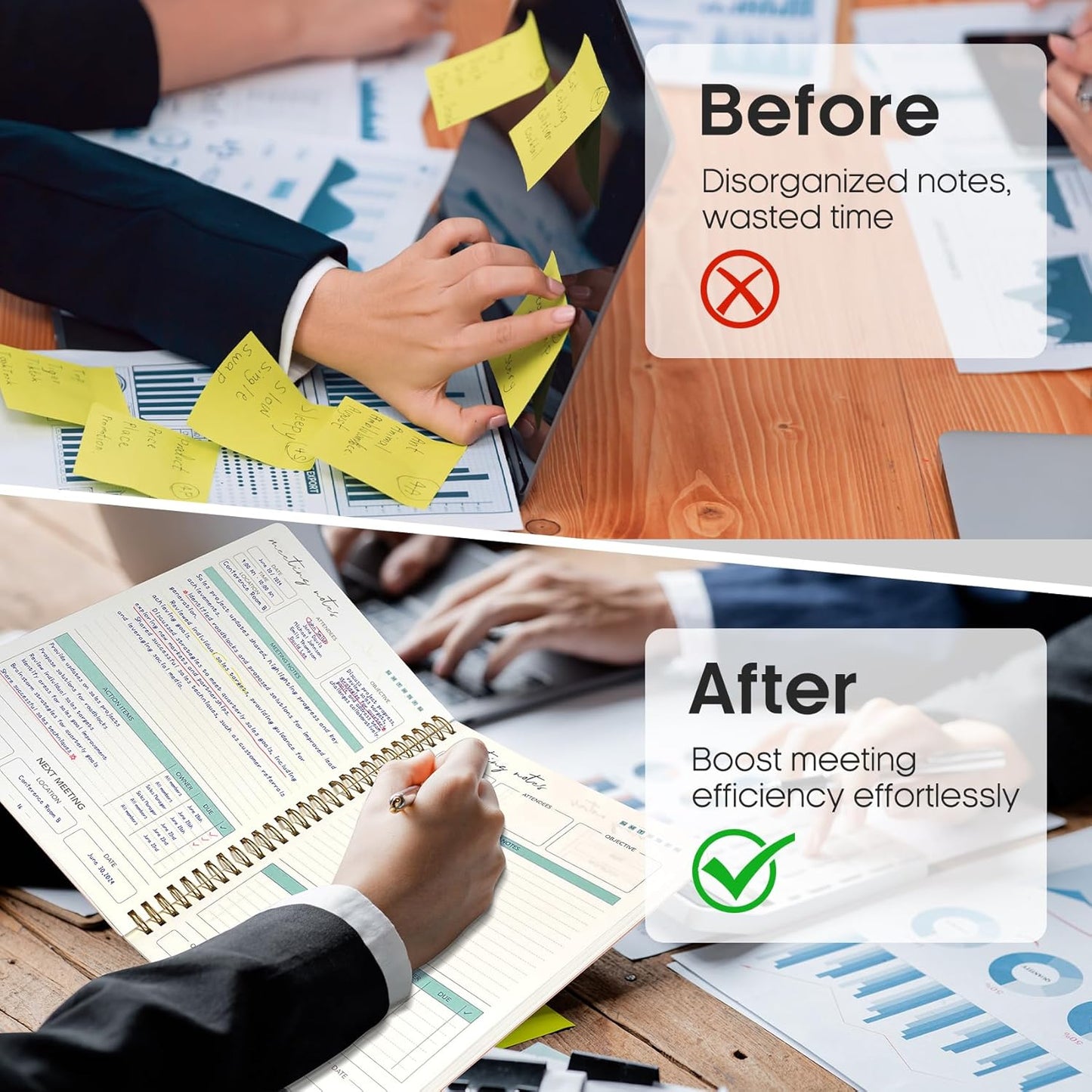 6 Pack of Meeting Notebook for Work Organization - Work notebook with action items, Meeting Minutes Planner Notebook, Perfect Office Supplies for Men & Women - Pink