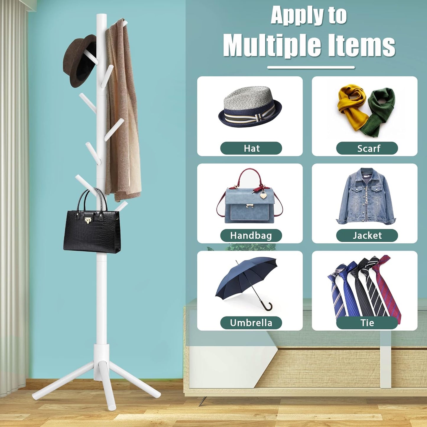 Haddockway Wooden Coat Rack Stand with 8 Hooks New Zealand Pine 3 Adjustable Coat Standing Tree Easy Assembly for Coats, Hats, Scarves and Handbags for Entryway, Hallway, Bedroom, Office,2 PCS