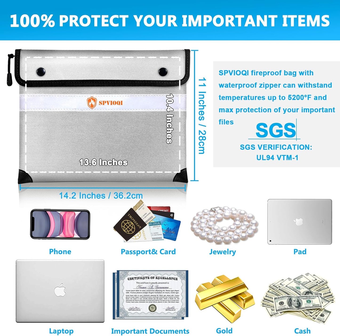 Upgraded Fireproof Document Bag 5200°F, 14.2” X 11” Waterproof Fireproof Bag with Zipper, 8 Layers of Heat Insulated Materials, Fireproof Money Bag for Cash, Important Documents and Valuables fire bag