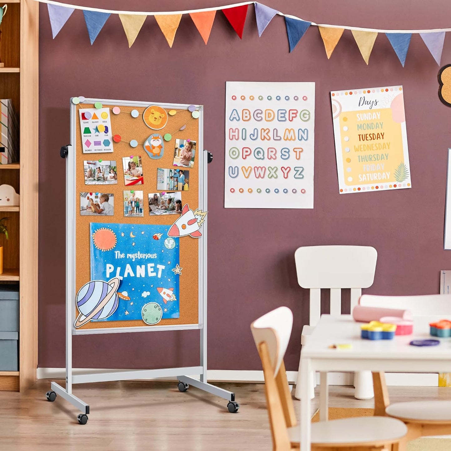 Double Sided Cork Board White Board, 32 x 48 inches Large Cork Board for Office, Height Adjustable Magnetic Dry Erase Board on Wheels, Portable Freestanding Natural Corkboard for Displaying, Planning