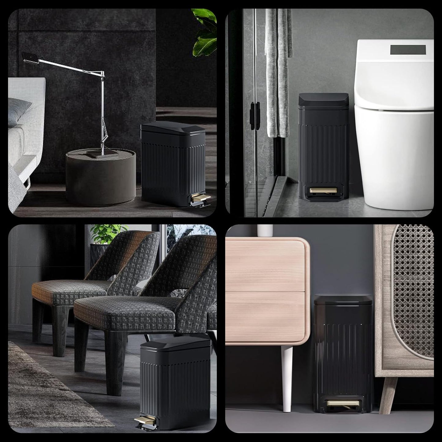 Small Bathroom Trash Can with Lid Soft Close-6L/1.6 Gal Slim Step Garbage Can-Metal Pedal Wastebasket-Narrow Rectangle Garbage Container Bin for Corner Office, Bedroom, Toilet, Live Room-Black