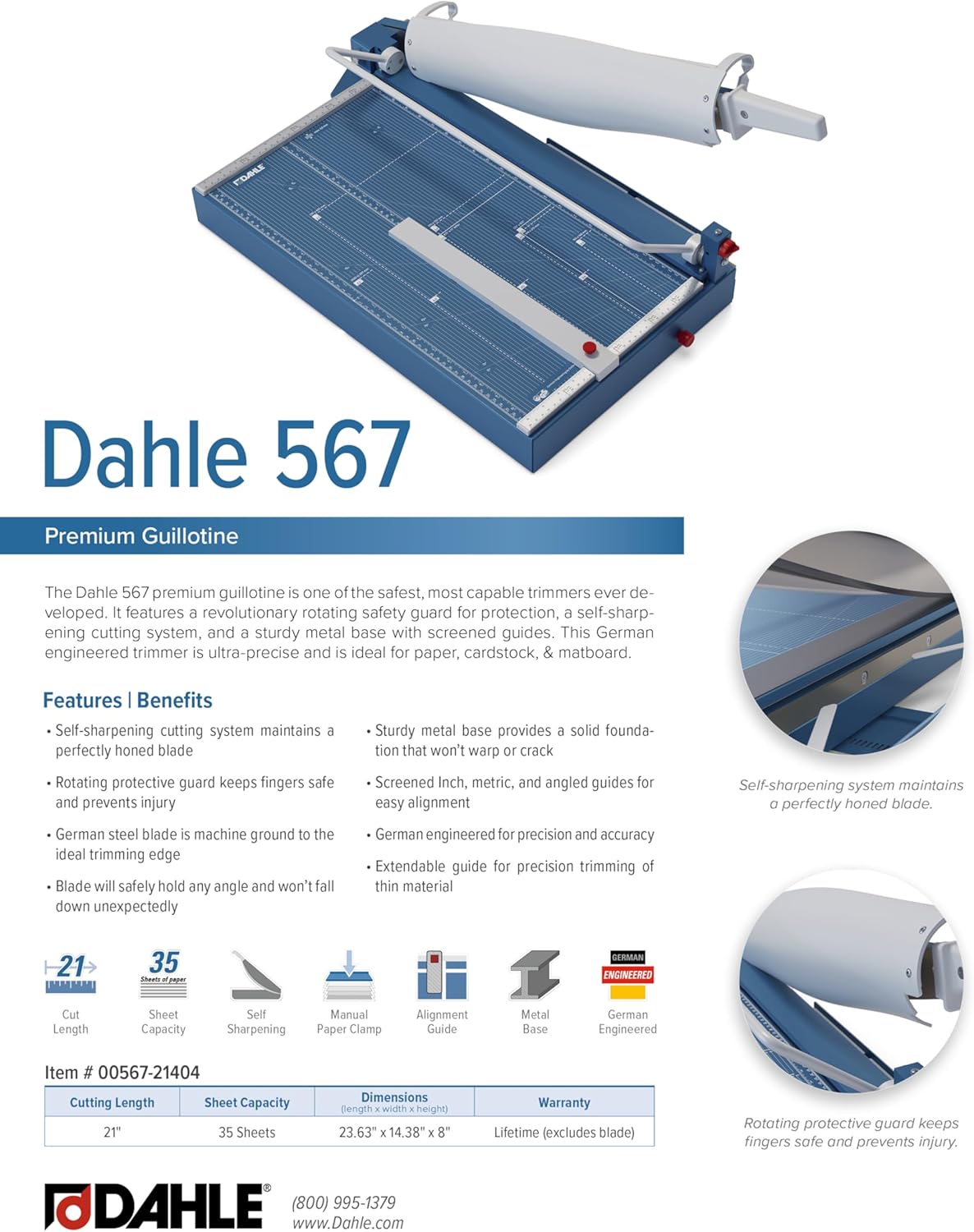 Dahle 567 Premium Guillotine Trimmer, 21" Cut Length, 35 Sheet Capacity, Self-Sharpening Blade, Manual Clamp, w/Safety Guard