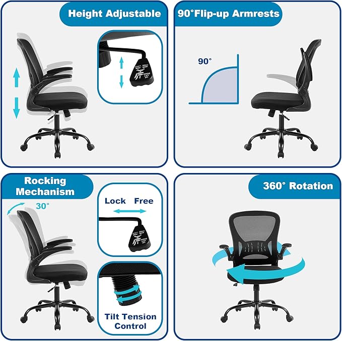 Youhauchair Mesh Office Chair, Ergonomic Home Office Desk Chairs with Flip-up Arms and Lumbar Support, Height Adjustable, Black