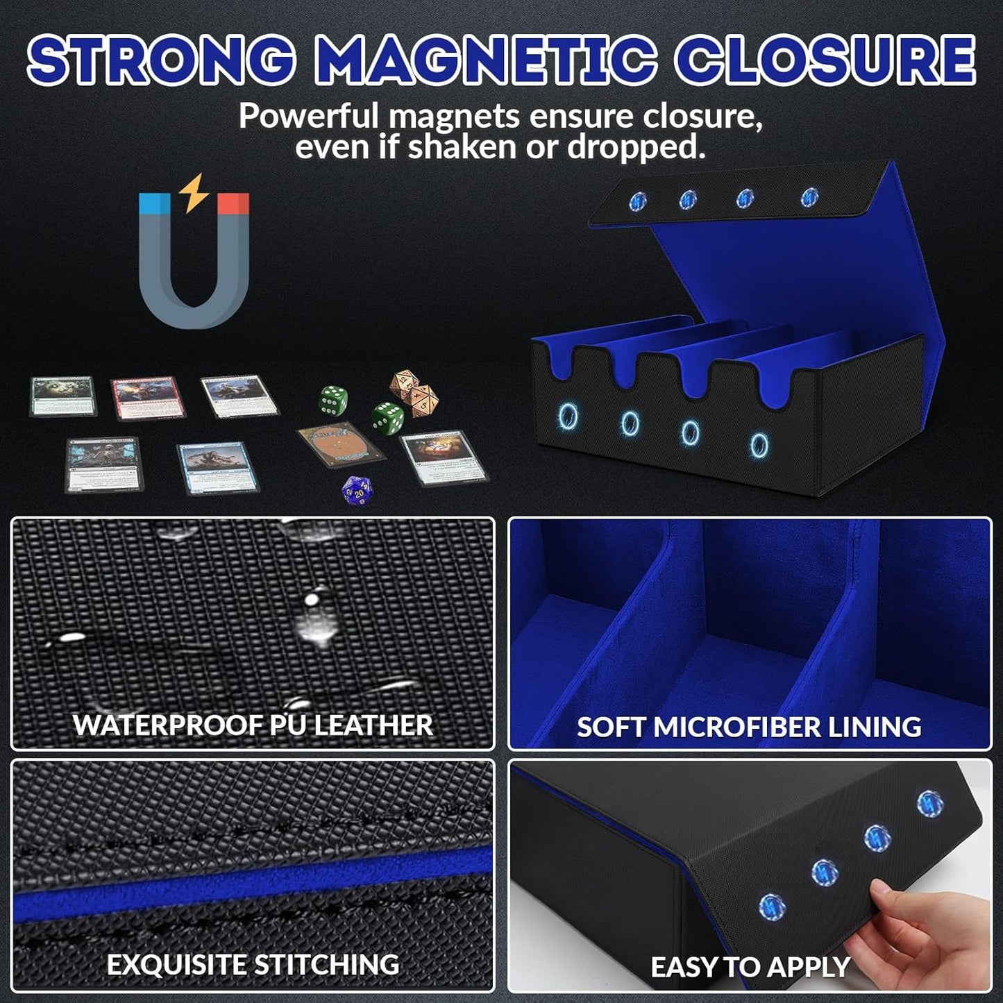 Card Storage Box for Trading Cards, 2800+ Card Deck Case with PU Leather and Magnetic Closure, TCG Storage Box, Suitable for MTG, YuGiOh, and Sports Cards, With 10 Card Dividers ļ¼ 4 Stoppers