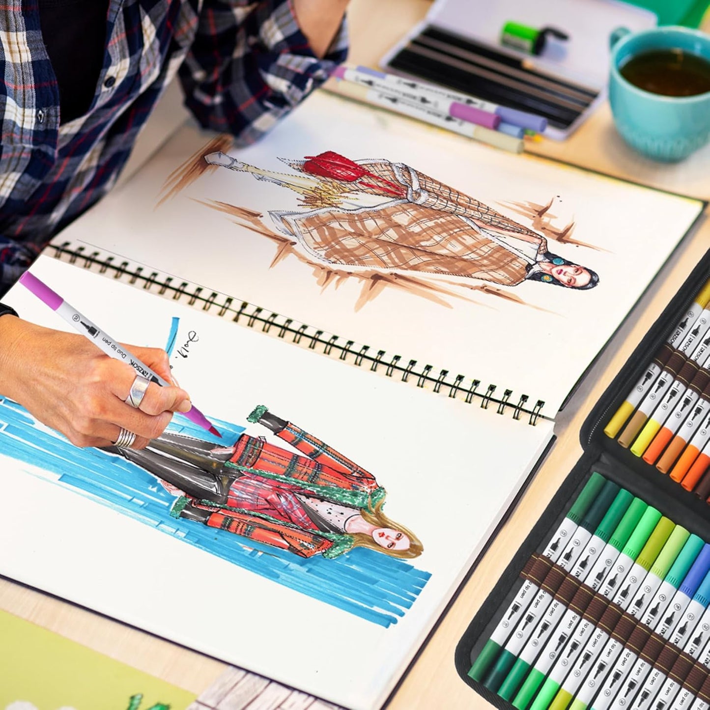 ZSCM Art Duo Tip Brush Markers Set, 60 Colors Fine Brush Tip Artist Drawing Pens Set with Coloring Book, for Adult Sketching Journal Planner School Supplies Gifts