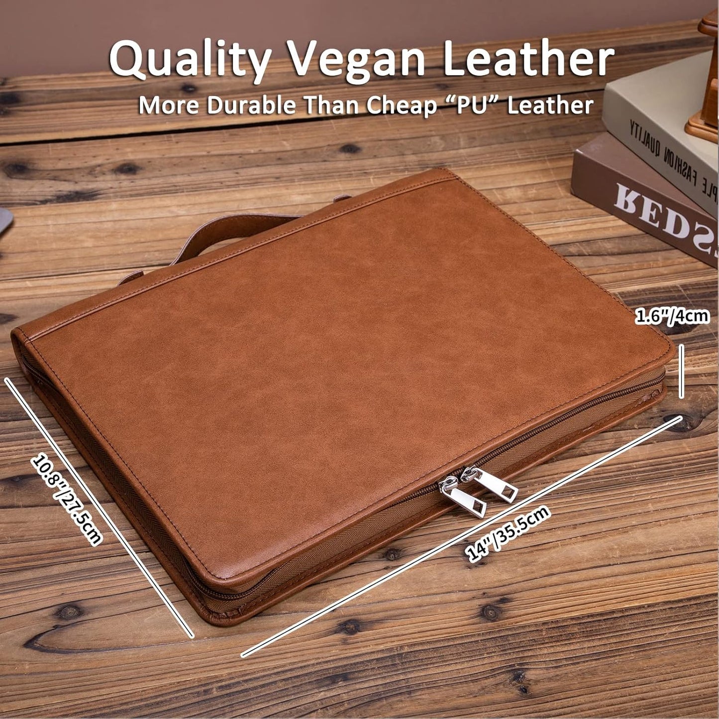 Personalized Vegan Leather Portfolio 3 Ring Binder with Clipboard, Hidden Handle, Custom 8.5 x 11 Zip Padfolio, Business Professional Organizer for Men Women, Brown