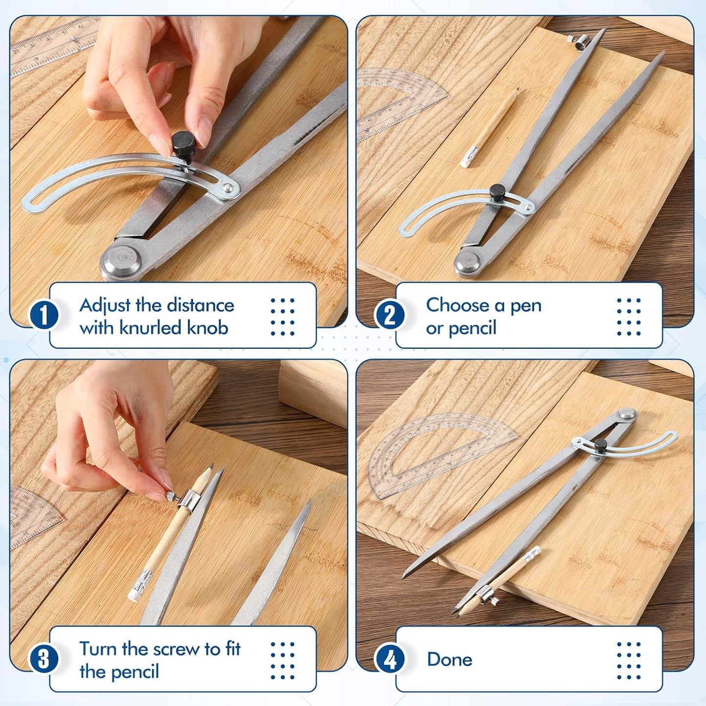Zonon Professional 12 Inch Large Compass with Wing for Woodworking and 6 Inch Protractor Set, Pencil Compass for Geometry Math Carpenter, Drafting, Drawing Tool