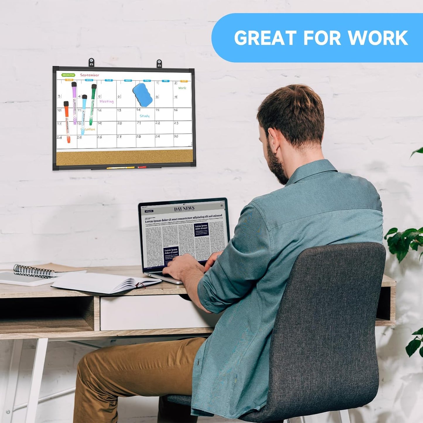 JILoffice Magnetic Calendar Whiteboard & Bulletin Corkboard Combination, Monthly Combo Board 17 x 13 Inch, Black Aluminum Frame Wall Mounted Board for Office Home and School