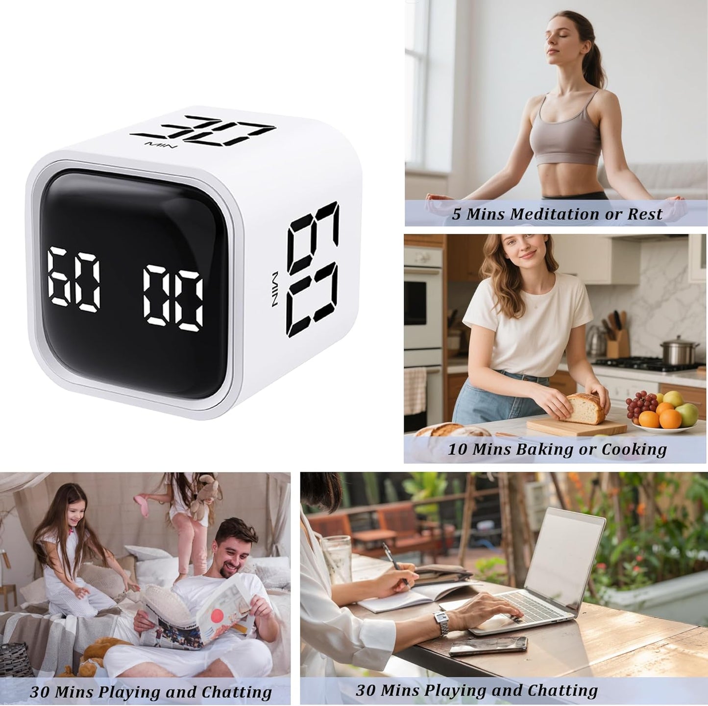 2Pcs Rotating Pomodoro Timer 5,10,30, 60 Minutes Preset,Desk Productivity Flip Timer, Visual Cube Countdown Stopwatch,Custom Modes/Vibration/High/Low Volume,ADHD Timers, for Study, Work, Kitchen