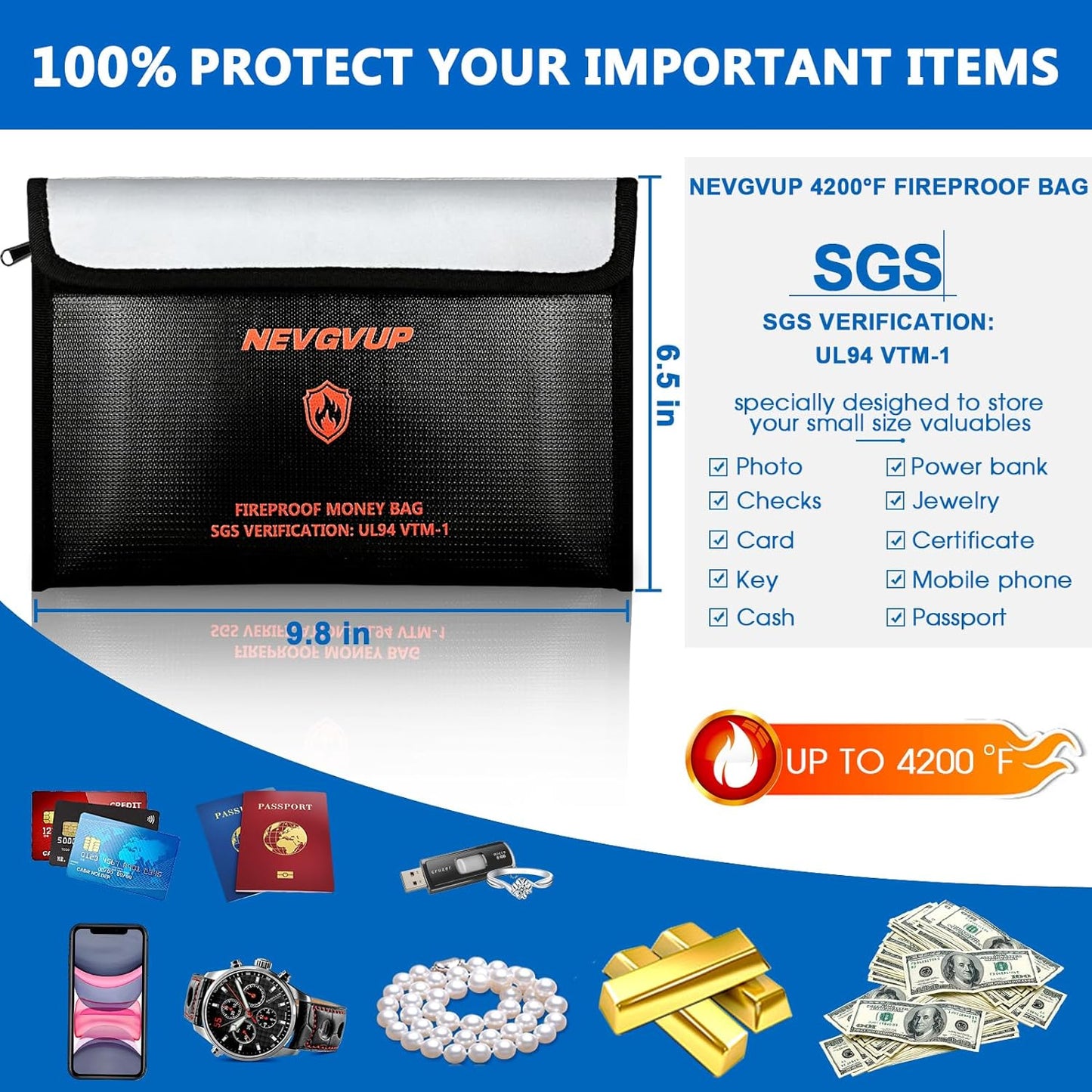 4200°F Fireproof Money Bag - Upgraded Heat Insulated, 9.8 x 6.5" Small Fireproof Document Bags with Waterproof Zipper, fire Water Proof Safe Pouch Set for Valuables, Fireproof Edging, Fire Bag 2packs
