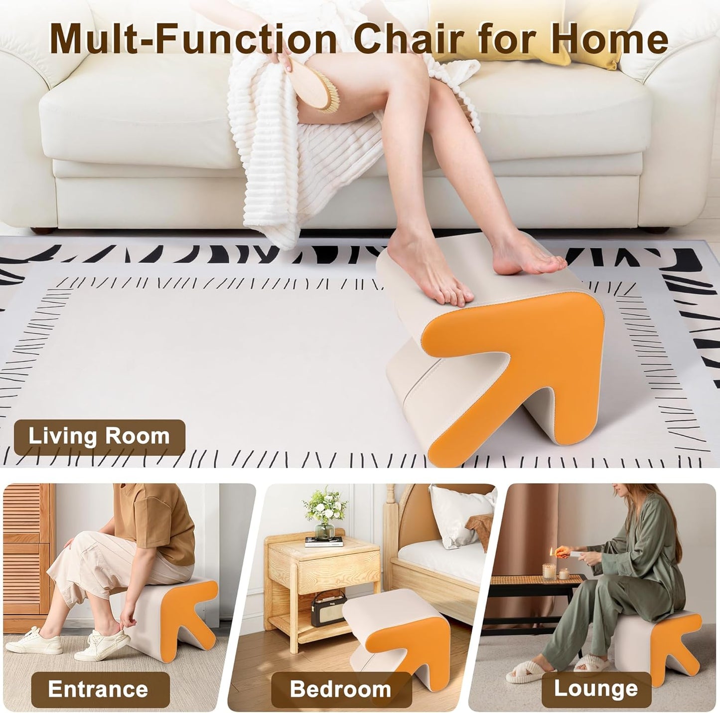 H&B Luxuries Ottoman, Foot Stool with Creative Shape, Napa Leather Ottomans, Removable Outer Foot Rest, No Assembly Required, Ottoman for Living Room, Bedroom, Entrance, White Yellow