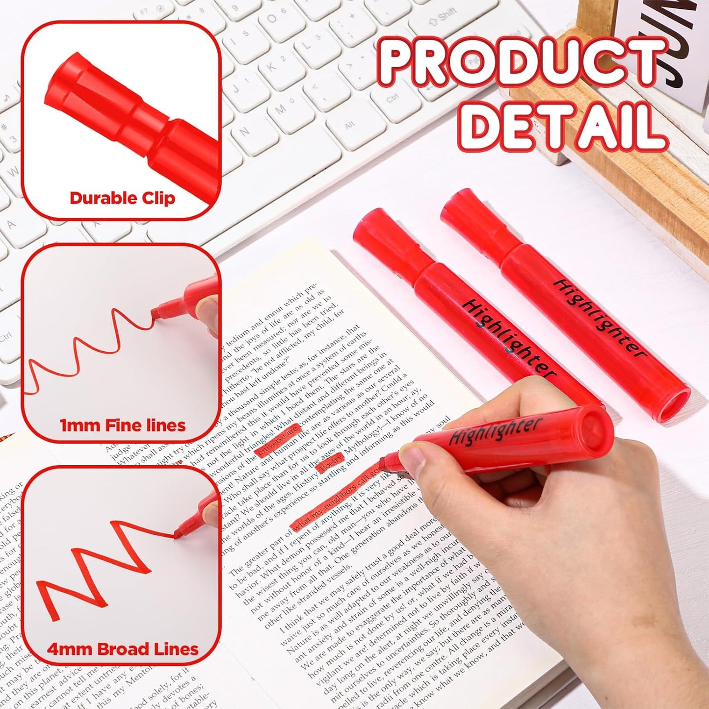 Qilery 30 Pack Highlighters Bulk, Tank Style Chisel Tip Highlighters Markers Quick Drying for Kids and Adult Coloring, Classroom Home Office School Supplies (Red)