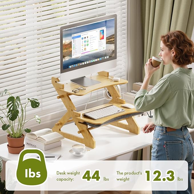 Amazer Standing Desk Converter, 22 inch Bamboo Small Sit Stand Up Desk Riser with Lap Desk Computer Desktop Desk Converter for Monitor and Laptop with Keyboard Tray