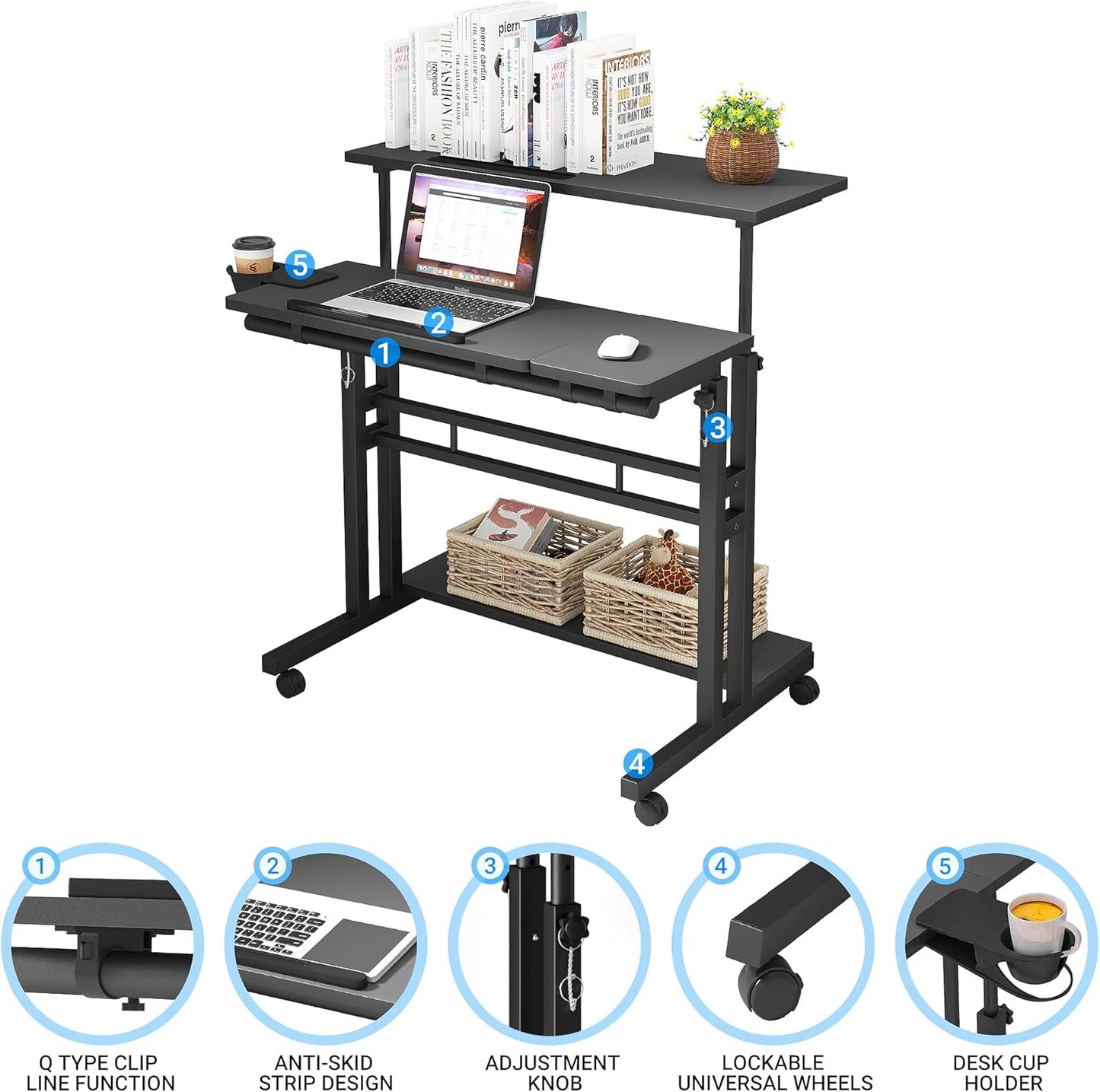 Mobile Standing Desk, Adjustable Rolling Computer Desk with 3 Desktops, Portable Laptop Table with Cup Holder, Home Office Laptop Workstation on Lockable Wheels, Black