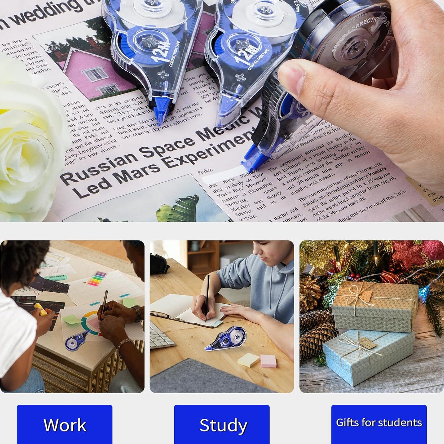 Correction Tape, 10 Pack Correction Tape Easy To Use Applicator for Instant Corrections, 39 ft Each for Study Supplies and Office Products (Blue)