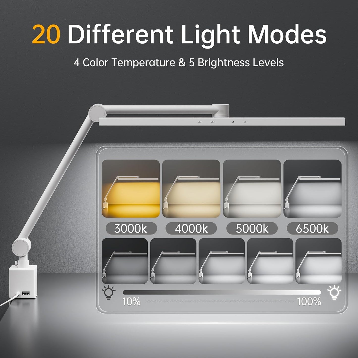 deeloop 2-Arms Swing Long LED Desk Lamp with Clamp, CRI 95+ Eye-Caring Light, USB Charging Output, 2-Hour Timer, Dimmable Desk Light with Memory, Architect Desk Lamps for Home Office Reading &Monitor