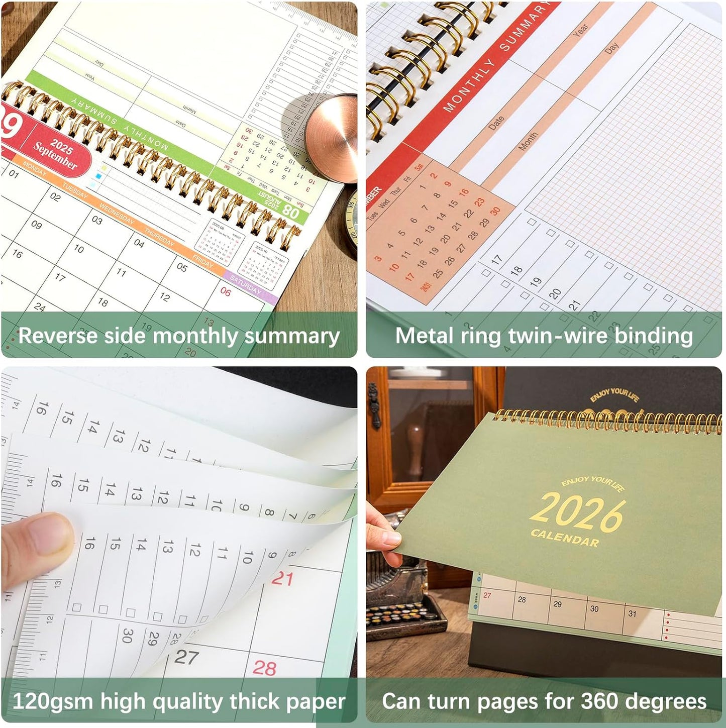 Desk Calendar 2025-2026, Standing Flip Desktop Calendar from July 2025 to December 2026 - Metal Ring Twin-Wire Binding 18 Months Medium Desk Calendar for Home Office School (L-Green)