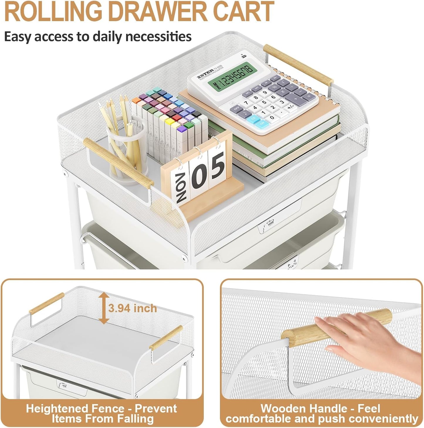 Rolling Utility Storage Cart with 4 Drawers - 4 Tiers Rolling Cart Craft Cart, Storage Drawer Cart Organizer for Craft Room Office Bedroom Classroom with Mesh Top & 4 PCS DIY Lable, White