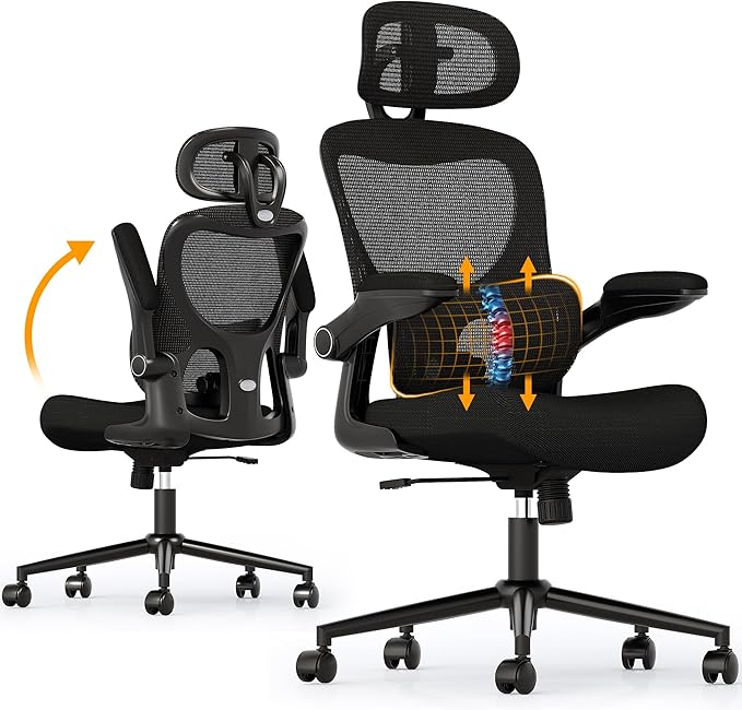 SUNNOW Ergonomic Office Chair, Comfy Mesh Desk Chair, High Back Computer Gaming Chairs with Adjustable Lumbar Support, Flip-Up Arms, Headrest, Tilt Function, Wide Cushion, Swivel Wheel, BIFMA Quality