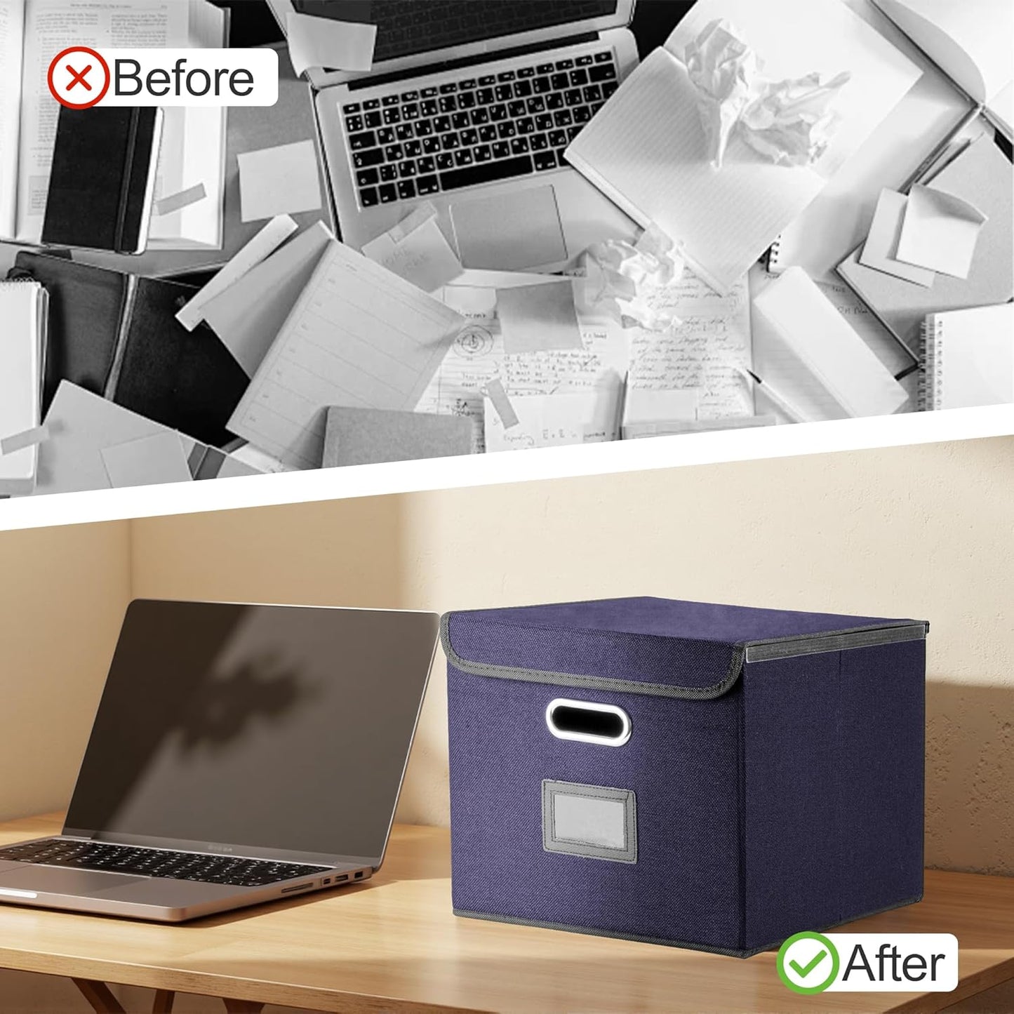 File Organizer Box, Linen Filing Organizer with Lid, Large Desktop File Boxes, Dark Blue,2 Pack