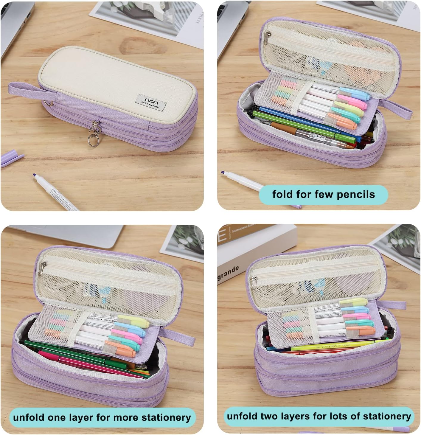 Large Pencil Case Zipper Pencil Pouch Organizer Big Capacity Pencil Bag with Handle Portable for Girls Kids Adults Gift Pen Case for School Home Office Purple