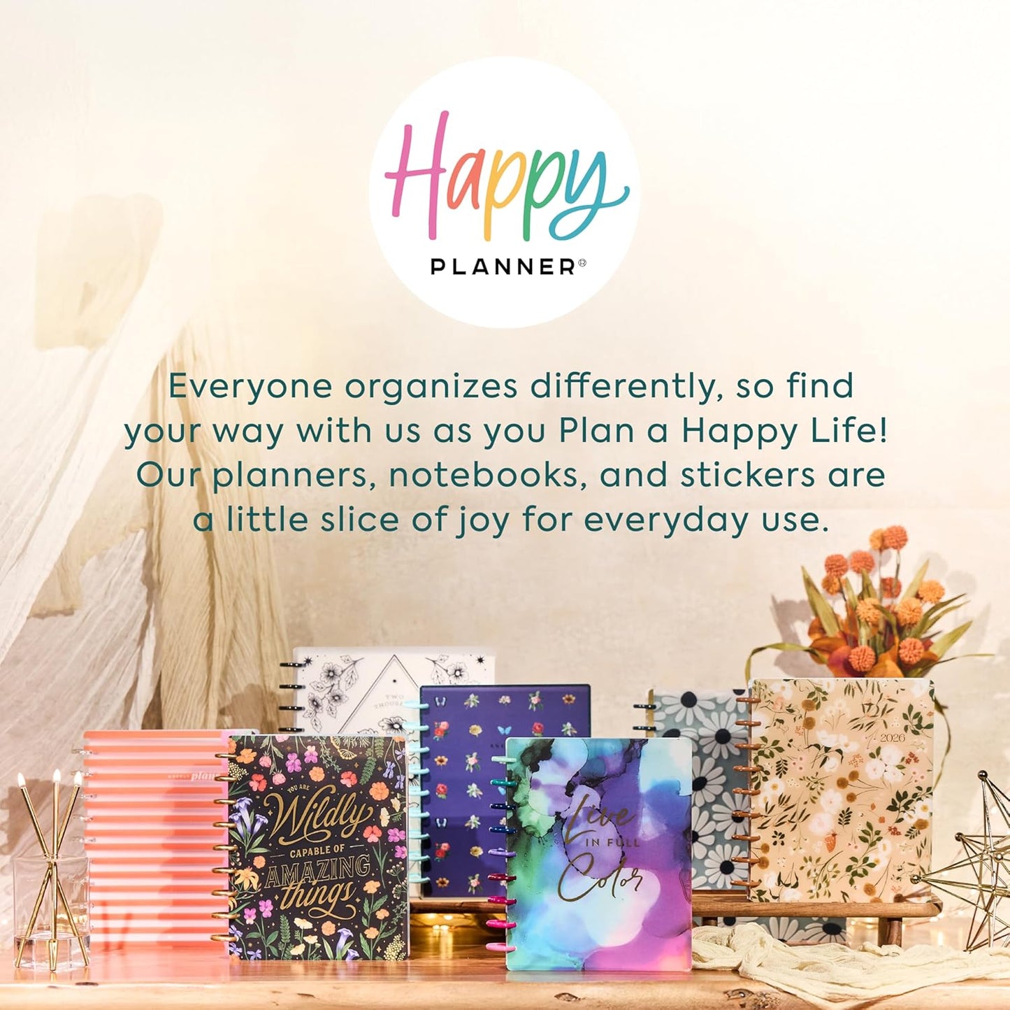 Happy Planner Disc-Bound Planner Jan.–Dec. 2026, Includes 3 Extra Months and 2 Sticker Sheets, Classic Size, 7" x 9.25", Dashboard Layout, Floral Color Beat