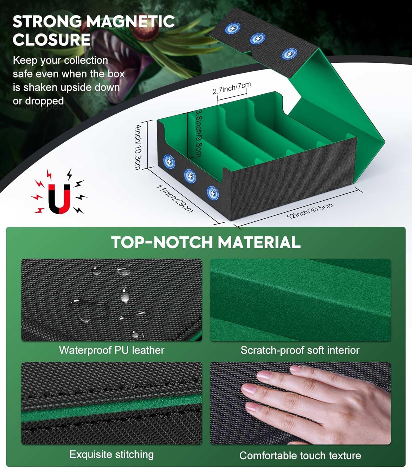 MoKo Trading Card Storage Box, 3000+ MTG Deck Box with 24 Colorful Dividers & 4 Card Supporters, Commander Card Deck Case Fits for Magic Game Cards, YugiOh, TCG, PTG and Sport Cards, Green