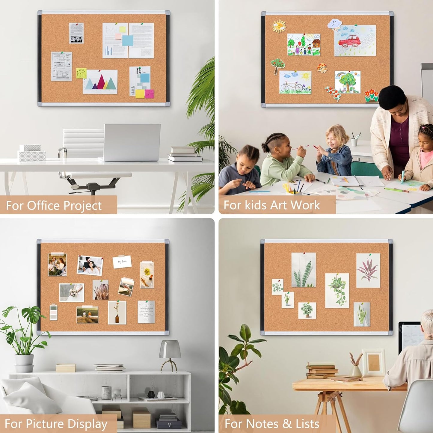 Board2by Cork Board Bulletin Board 24" x 36", Black/Silver Aluminium Framed Corkboard, Office Board for Wall Decor, Large Wall Mounted Notice Pin Board with 18 Push Pins for School, Home & Office