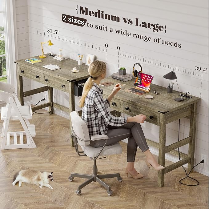 EnHomee Small Desk for Bedroom, Computer Desk with Power Outlets for Home Office, Desks with Drawers and a Side Pocket,Vanity Desks for Bedroom, Dark Rustic Oak