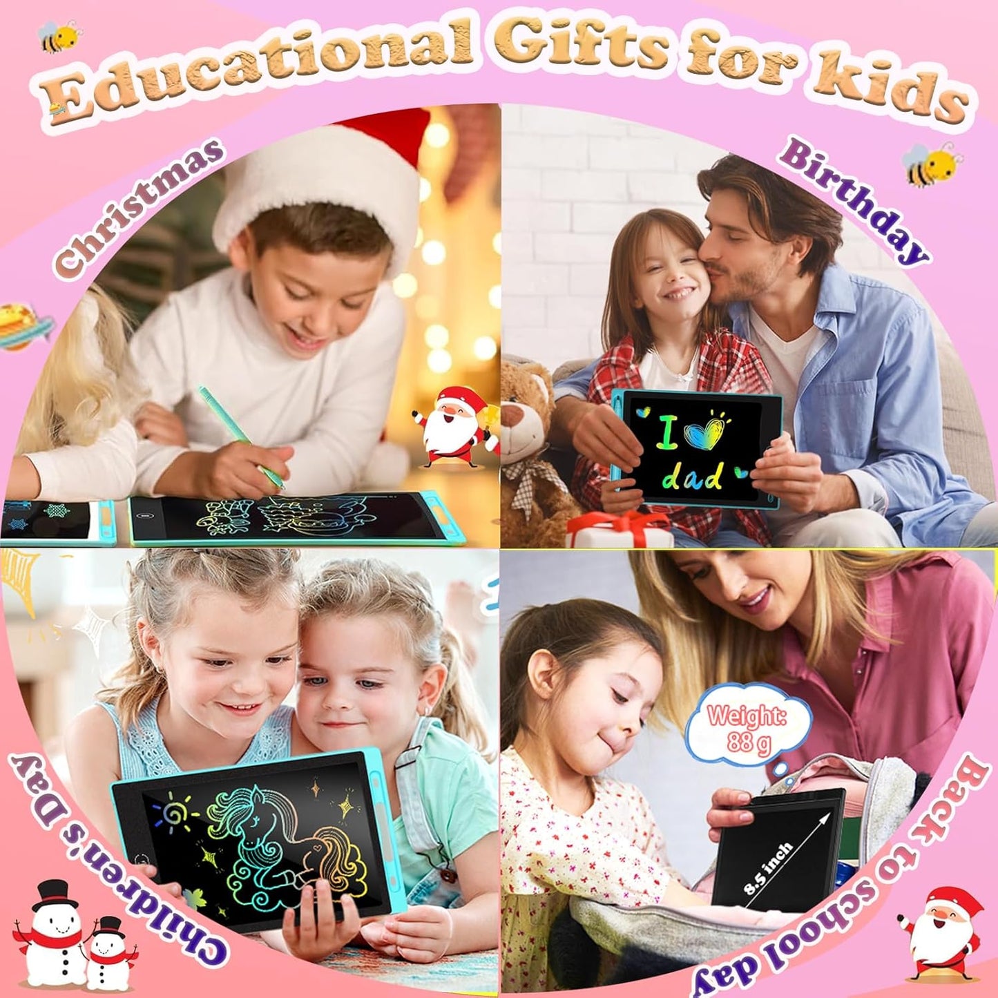 4 Pack LCD Writing Tablets for Kids, 8.5 Inch, Toddler Toys Colorful Doodle Board Birthday Gifts for Ages 3-8 Boys Girls, Drawing Tablet for Learning and Education (Blue Pink Red Black)