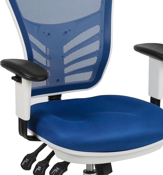Flash Furniture Nicholas Mid-Back Blue Mesh Multifunction Executive Swivel Ergonomic Office Chair with Adjustable Arms and White Frame
