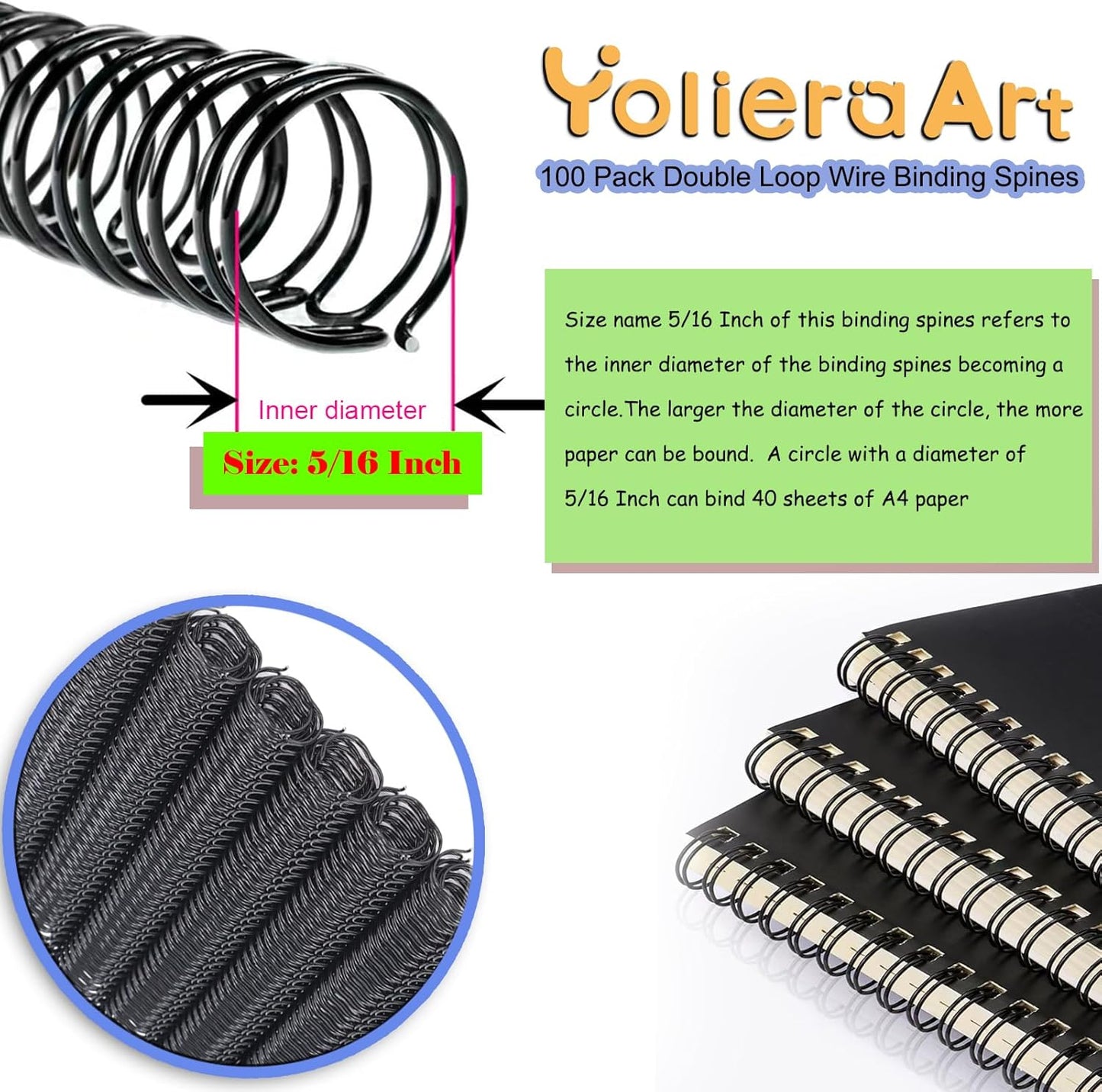 100 Pack Double Loop Wire Binding Spines, YolieraArt Wire Binding Spines, 5/16 Inch Binding Wire for Letter Size (40 Sheet Capacity), 100P, 3:1 Pitch, Black)