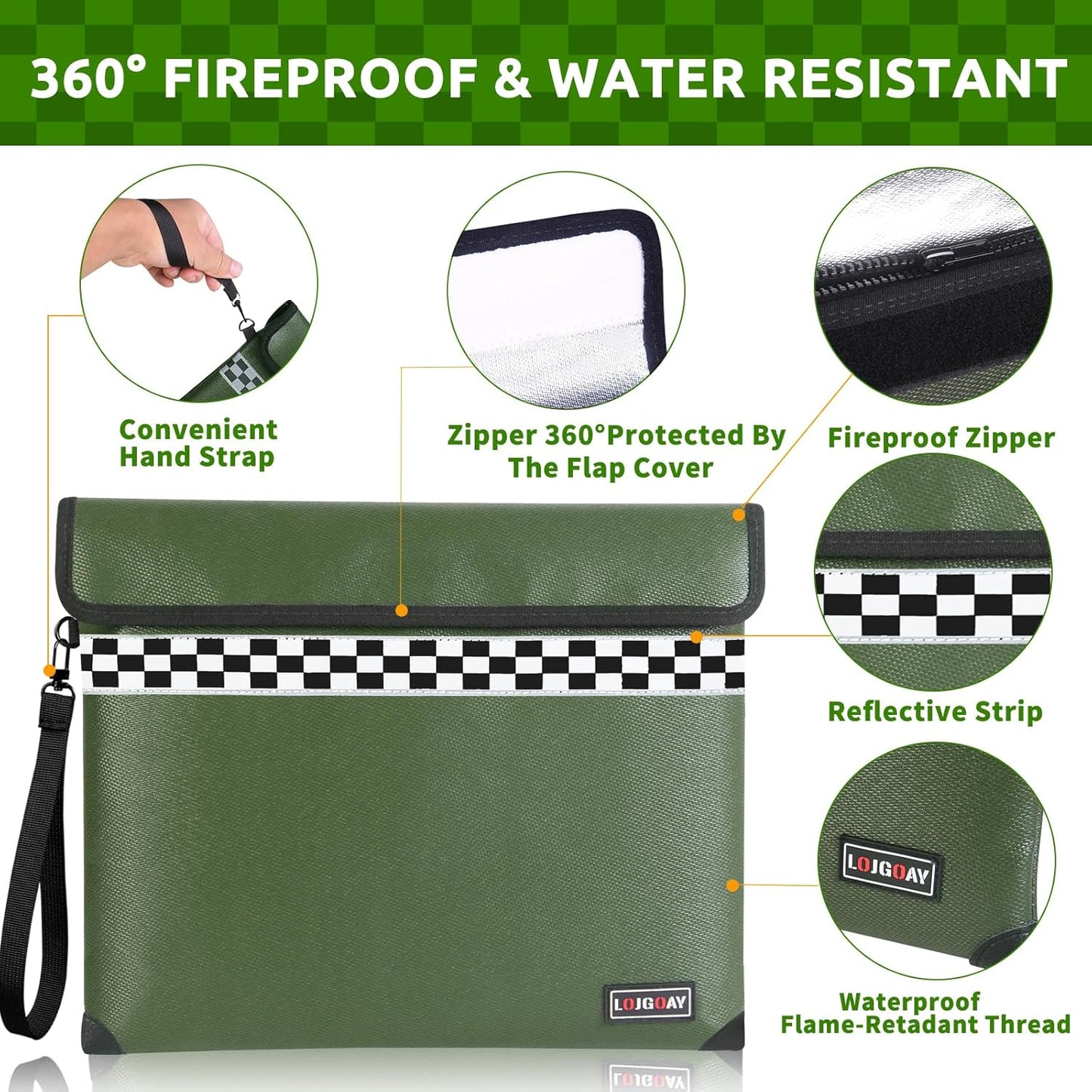 Upgraded 6200°F Fireproof Document Bag with Fireproof Zipper, Fireproof Bag with Reflective Strip/Hand Strap, 9 Layers of Heat Insulated Materials, Fireproof Money Bag for Cash,13x11"Fireproof Pouch