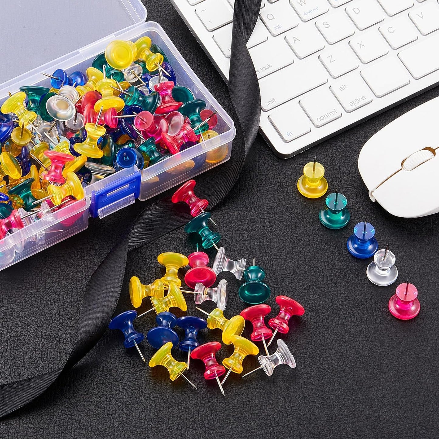 Outus 100 Pcs Giant Push Pins Large Thumb Tacks Plastic Heads 1 Inch Jumbo Push Pins for Cork Board Map Posters Office School(Rose Red, Clear, Dark Blue, Dark Green, Yolk Yellow)
