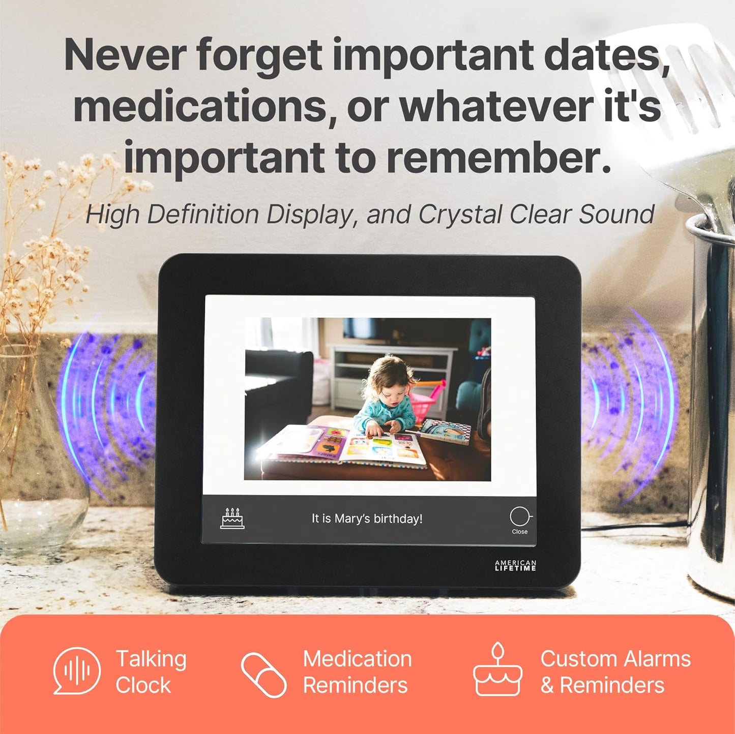 American Lifetime New 2025 Dementia Clock Large Digital Clock for Seniors, Alzeimer Clock Large Display with Custom Alarms, Clock with Day & Date for Elderly, Digital Calendar Premium Black Pro