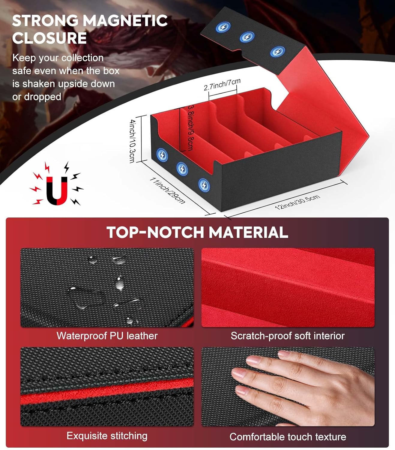 MoKo Trading Card Storage Box, 3000+ MTG Deck Box with 24 Colorful Dividers & 4 Card Supporters, Commander Card Deck Case Fits for Magic Game Cards, YugiOh, TCG, PTG and Sport Cards, Black Red