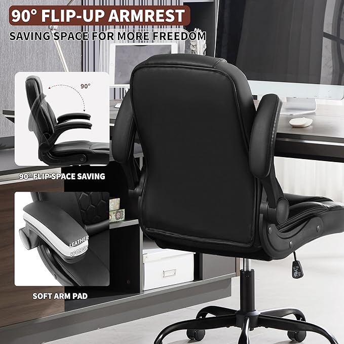 Executive Office Chair PU,Leather Office Chair with Wheels,360° Swivel Rolling Chair with Padded Arms,Ergonomic Computer Chair with Lumbar Support for Short People Use(Black)
