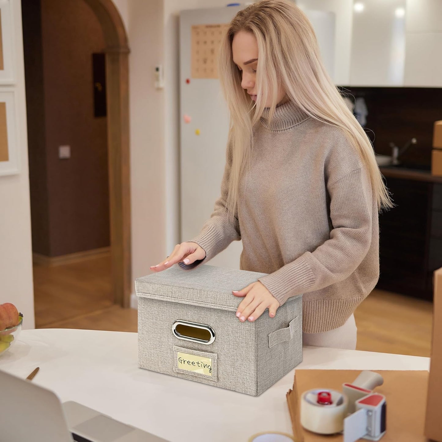 Greeting Card Organizer and Storage Box with 20 Pcs Adjustable Dividers, Storing Cards with 84 Pcs Labels Perfect for Storing Greeting Cards, Envelopes, Photos 2 Pack Beige