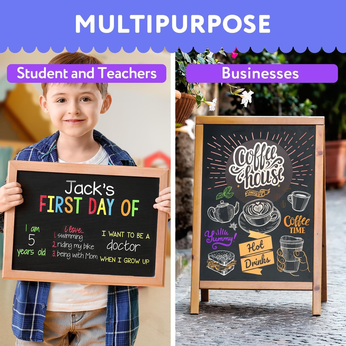 TFIVE Black Liquid Chalk Markers - 2 Pack Bright Colors Erasable Chalk Marker Pens, Reversible Tip, Non-Toxic, for Chalkboards, Signs, Glass, Easy to use Chalk markers TF800