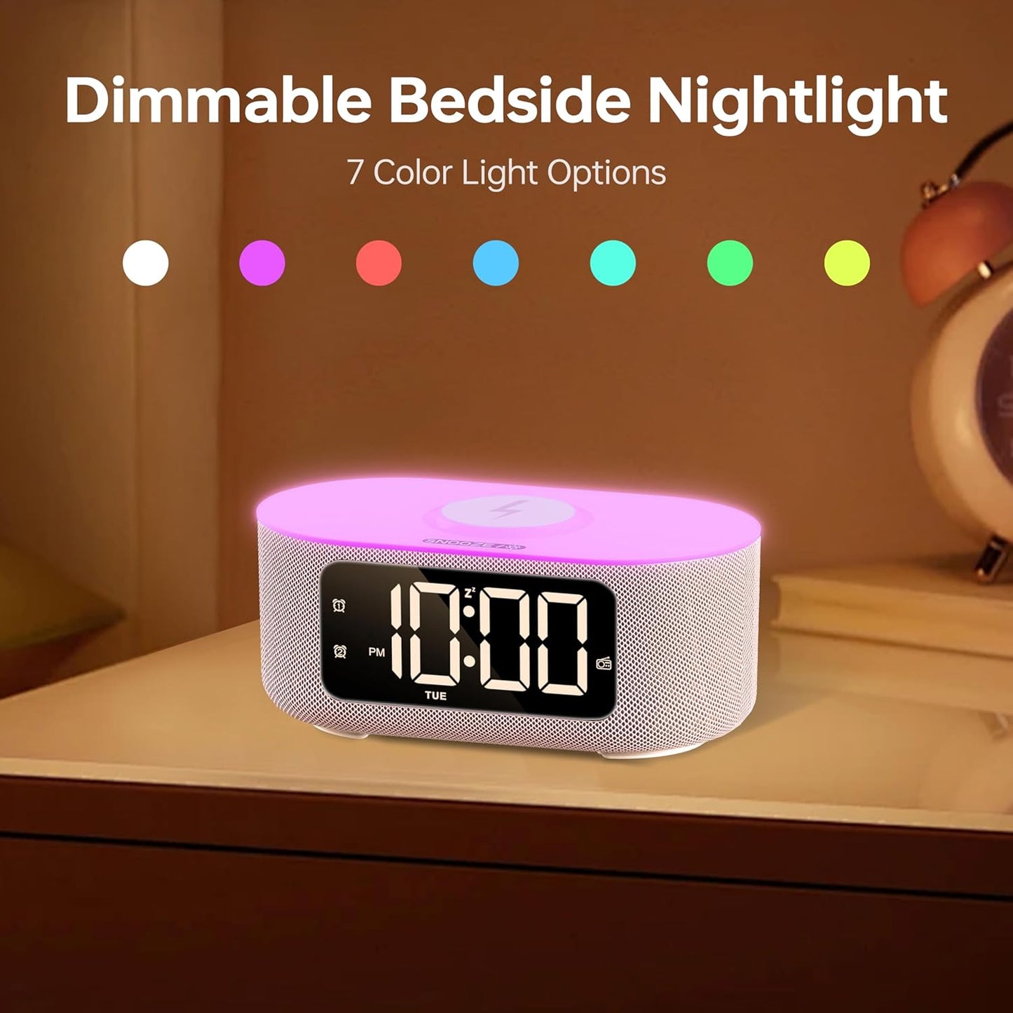JALL Fabric Alarm Clock for Bedroom, with Big Led Screen Display, Bluetooth Stereo Sound Speaker, FM Radio, Fast Wireless Charging, USB Charging Port, Nightlight, White Noise, Ideal for Gift, Pink