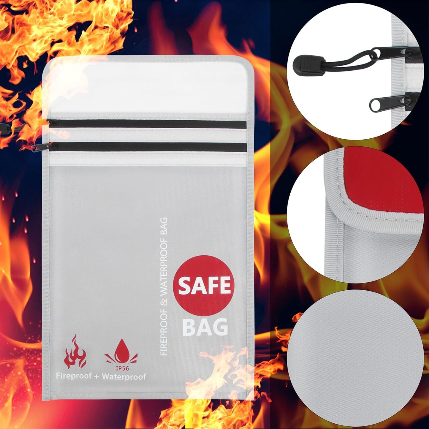 Fireproof Document Bag (2000℉) Upgraded 2 Pockets, GEMEK 15”x 11” Fireproof and Waterproof Money Bag Fireproof Safe Storage for Money, Documents, Jewelry and Passport (Silver - 2 Zipper)