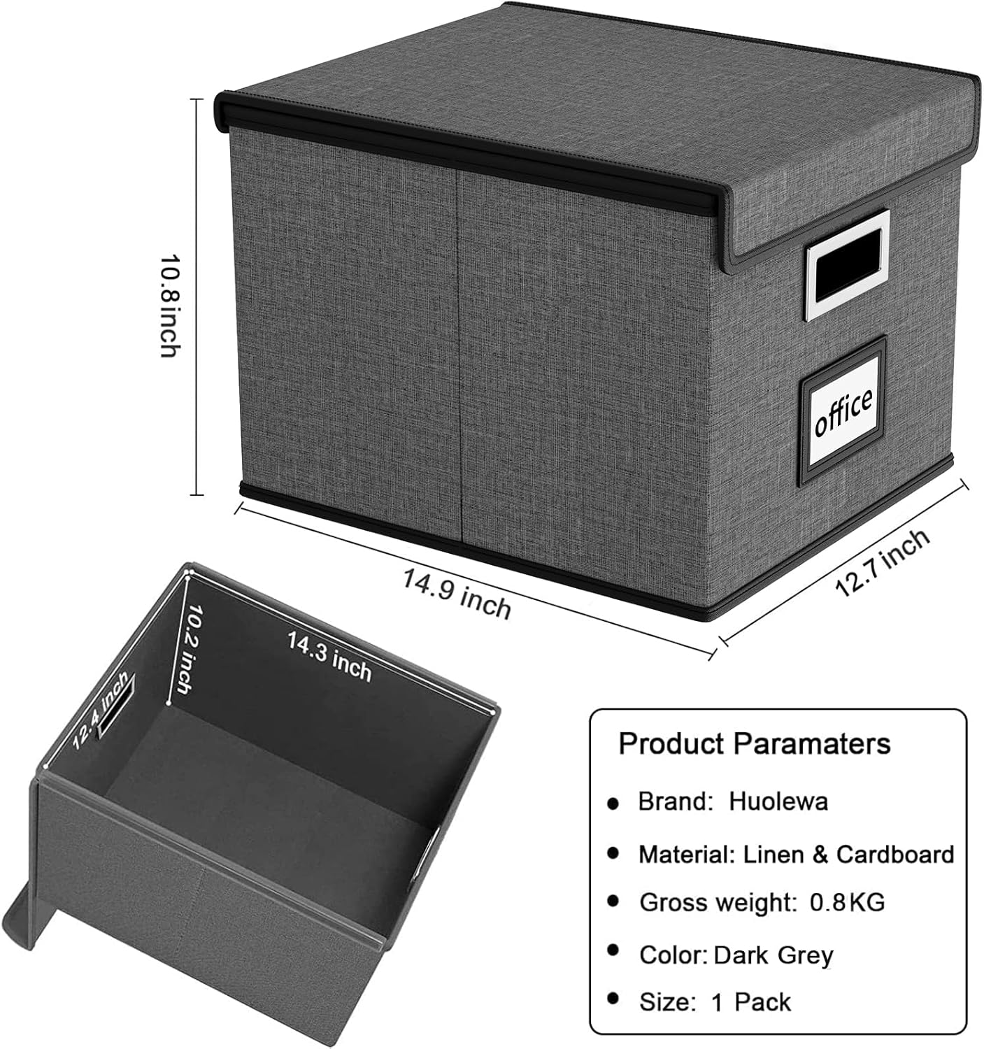 Collapsible File Storage Organizer Boxes with Lids, Linen Office Document Storage Box, Filing Box, Decorative Small File Box for Hanging File, Single File Box with Plastic Slide for Office/Decor/Home