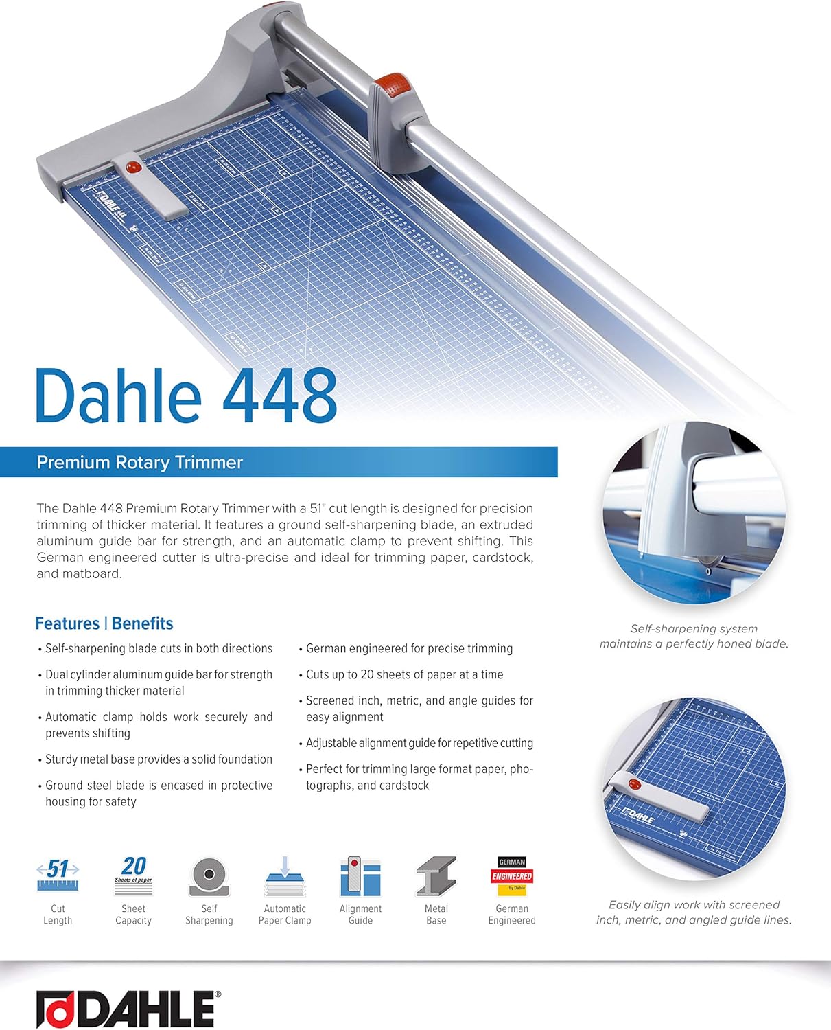 Dahle 448 Premium Rotary Trimmer, 51" Cut Length, 20 Sheet Capacity, Self-Sharpening, Automatic Clamp, German Engineered Paper Cutter